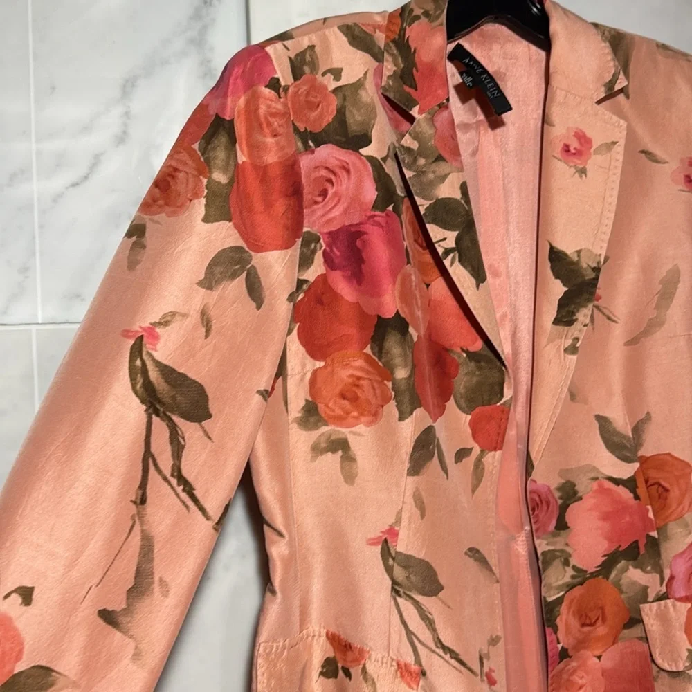Anne Klein Statement Floral Pink 100% Silk  Long Blazer size 8